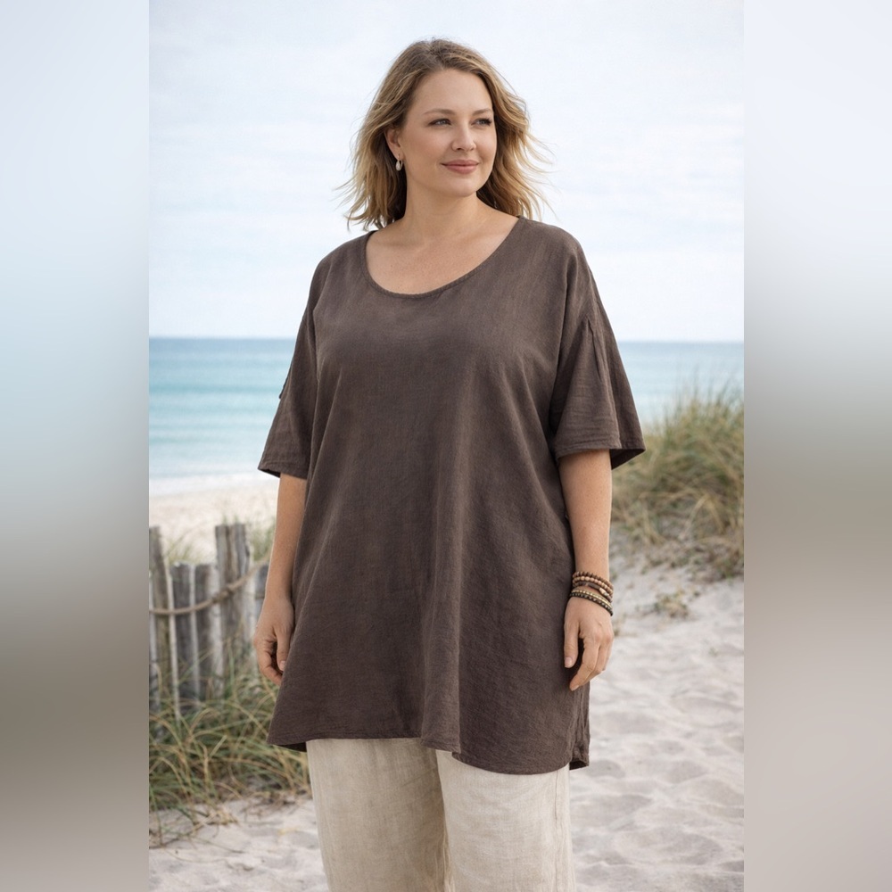 Magic Mountain Brown Gauze Slub Knit Tunic Blouse 1XL | Boho Lagenlook Coastal